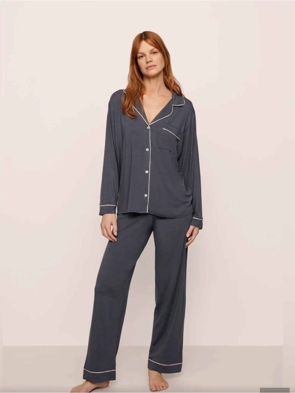 NWT Eberjey Charcoal Gray/White Piped Pajama Set